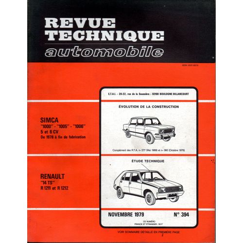 Revue Technique Automobile N 394 Renault 14 Ts / R 1211 Et R 1212