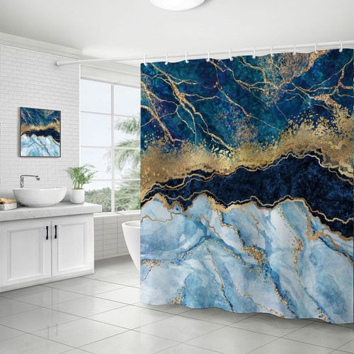 Rideau De Douche En Marbre, Ensemble De Rideaux Bleus, Paillettes Dores Bleues De Luxe Abstraites Goodnice
