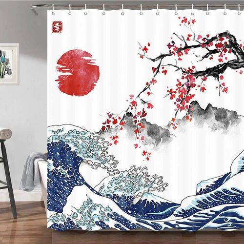 Rideau De Douche Japonais Drle De Poulpe,Soleil,Aucune Fleur,Vagues De La Mer,Mont Fuji,Art Moderne,Rideaux De Bain,Gril,Dcoration D'intrieur