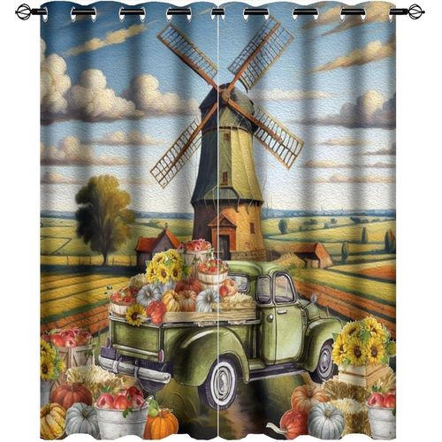 Rideau Occultant Avec Vieux Camion De Ferme Rustique Et Peinture A L'huile, Pays Occidental, Recolte D'automne, Moulin A Vent, Rideaux De Fenetre A ?Illets, Decor Pour Rideaux De Vie