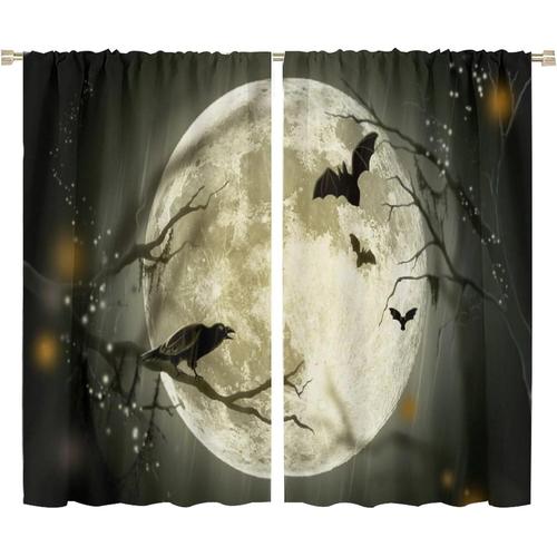 Rideaux D'halloween, Branches De Lune, Corbeau, Theme Chauve-Souris, Decoration De Maison, Rideaux Occultants A Poche Pour Tringle
