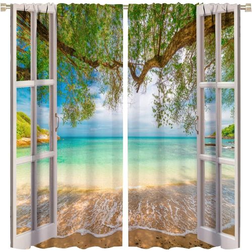 Rideaux De Plage D'ete A Travers Une Fenetre En Bois, Vue Claire Sur La Mer, Bleu Turquoise, Passe-Tringle, Rideaux De Fenetre Occultants Pour Chambre A Coucher, Decoration De Salon