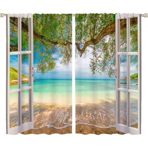 Rideaux De Plage D'ete A Travers Une Fenetre En Bois, Vue Claire Sur La Mer, Bleu Turquoise, Passe-Tringle, Rideaux De Fenetre Occultants Pour Chambre A Coucher, Decoration De Salon
