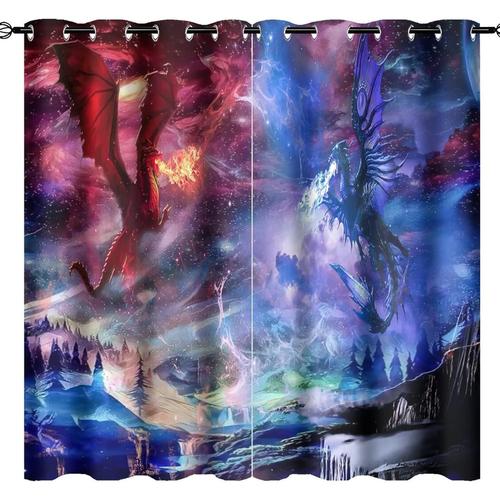 Rideaux Occultants Dragon De Feu De Glace - Foret De Conte De Fees Fantastique Theme Dragon Rouge Bleu Rideau De Fenetre A ?Illets Ensemble De Rideaux Pour Salon,