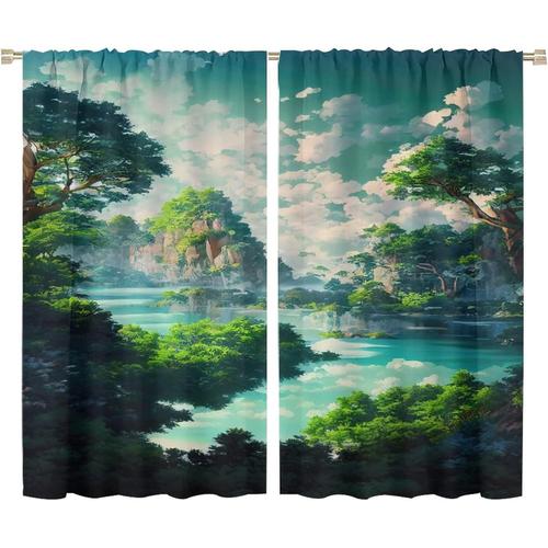 Rideaux Occultants Fantaisie Aquarelle Foret Pour Chambre A Coucher, Aquarelle Abstraite, Dessin Anime Foret Paysage Naturel, Rideaux De Fenetre A Passe-Tringle