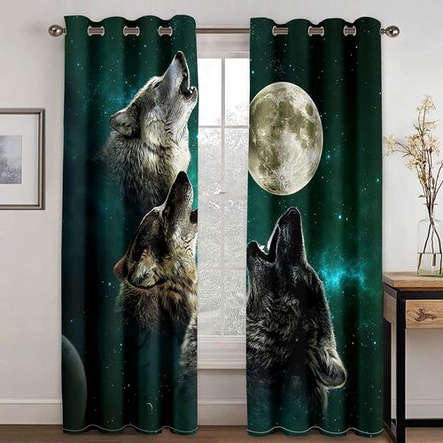 Rideaux Occultants Imprimes Etoile Lune Loup, Pour Chambre D'enfant, Salon, Decoration A ?Illets En Microfibre Super Douce