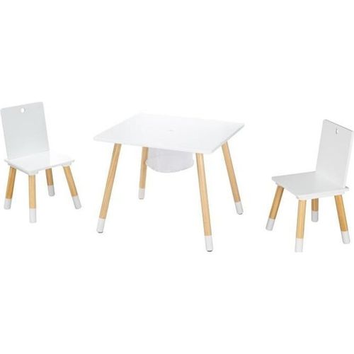 Roba Ensemble De Siges - Chaises Et Table En Bois Blanc + Filet De Rangement - 3 Pices - Pieds En Bois Massif