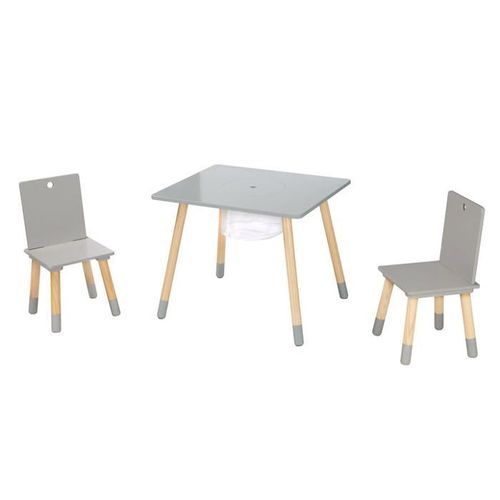 Roba Ensemble De Siges - Chaises Et Table En Bois Gris + Filet De Rangement - 3 Pices - Pieds En Bois Massif
