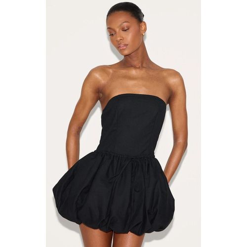 Robe Bustier Bouffante En Effet Lin Noir  Taille Noue, Noir