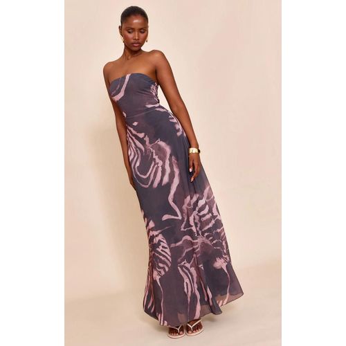 Robe Bustier Longue En Mousseline De Soie Gris Fonc Imprim Abstrait, Gris Fonc