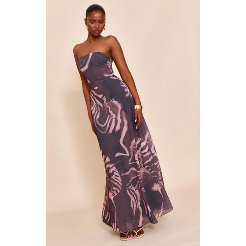 Robe Bustier Longue En Mousseline De Soie Gris Fonc Imprim Abstrait, Gris Fonc