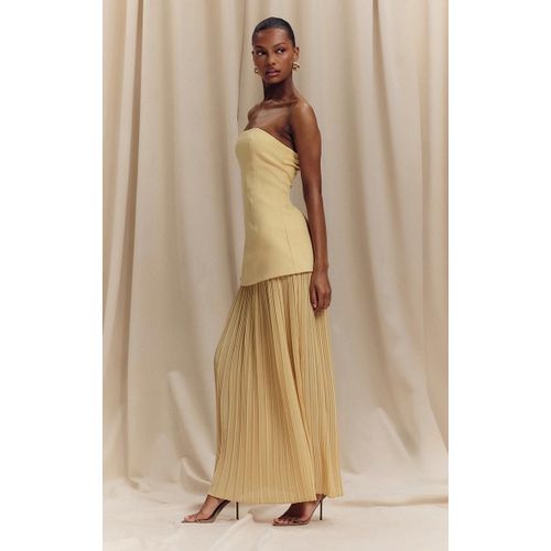 Robe Bustier Longue Jaune Citron  Partie En Mousseline De Soie Plisse, Jaune Citron