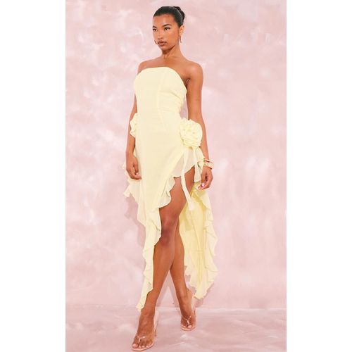 Robe Bustier Longue Jaune Citron Volante  Fleurs, Jaune Citron