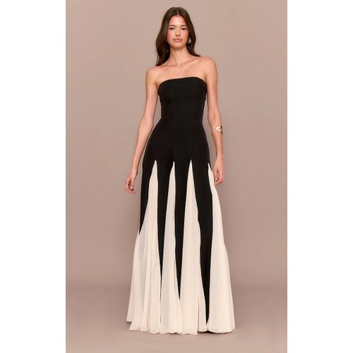 Robe Bustier Longue Noire Plisse  Parties Contrastantes En Mousseline De Soie, Noir
