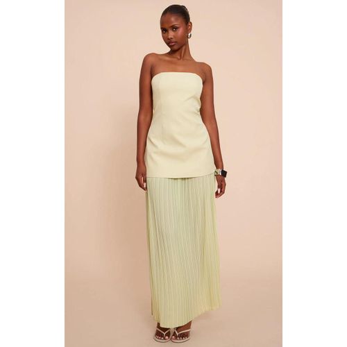 Robe Bustier Longue Vert Sauge  Partie En Mousseline De Soie Plisse, Vert Sauge