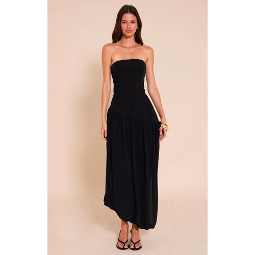 Robe Bustier Mi-Longue En Mousseline De Soie Noire  Ourlet Ballon, Noir