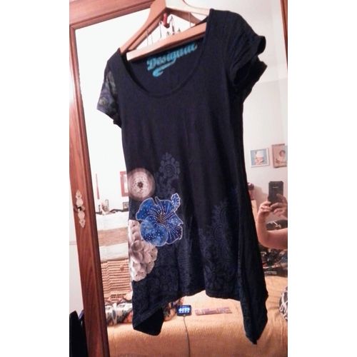 Robe Courte Asymtrique Noir Motifs Bleus/ Gris+Strass 40 L Desigual.