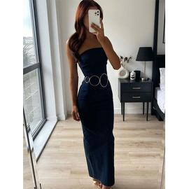 Robe longue en Denim bleu sans bretelles dos nu fermeture clair