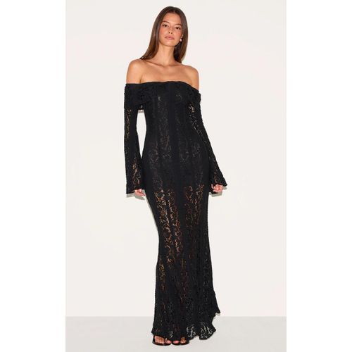 Robe Longue En Dentelle Noire  Col Repli, Noir