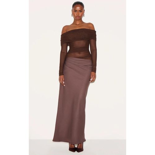Robe Longue Satine Chocolat  Col Bardot Et Dtail En Mesh, Chocolat
