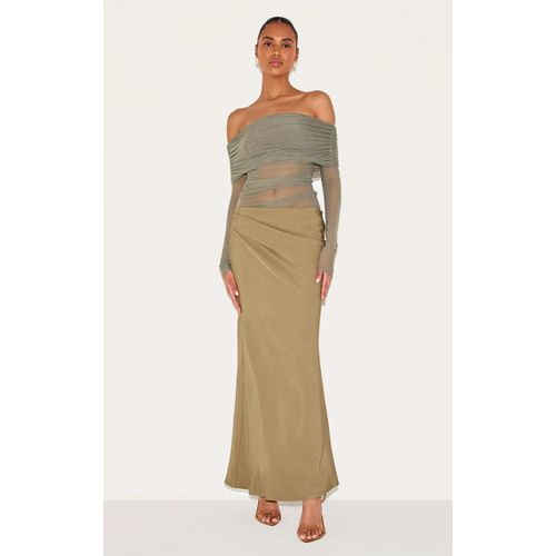 Robe Longue Satine Vert Olive  Col Bardot Et Dtail En Mesh, Vert Olive