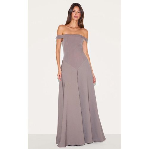 Robe Longue Structure Gris Champignon  Col Bardot Et Taille En V, Gris Champignon