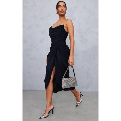 Robe Mi-Longue Bustier En Mousseline De Soie Drape Noire  Corset, Noir