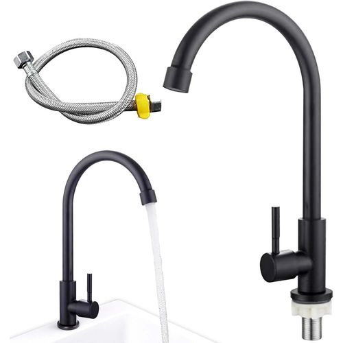 Robinet D'eau Froide De Cuisine Noir Avec Tuyau De Raccordement, Mitigeur Monocommande Pivotant  360, En Acier Inoxydable, Robinet De Cuisine, Robinet D'eau Froide Pour Invits Wc Pour