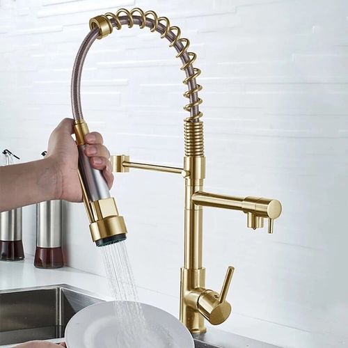 Robinet De Cuisine  Tirette, Robinet D'vier De Cuisine Avec Pulvrisateur, 2 Becs, Commande  Une Poigne, Rotation  360 Degrs, Conception  Ressort  Arc lev Or Titane Goodnice