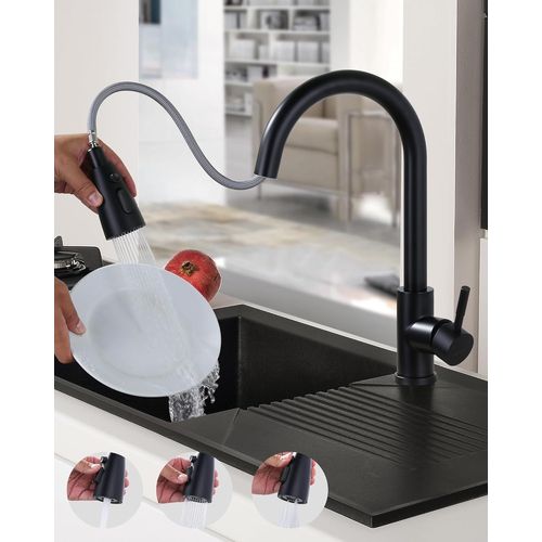 Robinet De Cuisine Avec Douchette Extractible,Bec Haut Pivotant  360,2 Modes De Jet,Mitigeur Monocommande Haute Pression Robinet vier Cuisine Extensible,En Acier Inoxydable,Noir