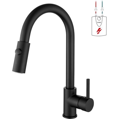 Robinet De Cuisine Basse Pression Extensible Noir - Robinet De Cuisine Rotatif  360 - Avec 3 Raccords Pour Chauffe-Eau - Robinet De Cuisine  Arc Haut Avec Douchette 2 Modes - En Acier
