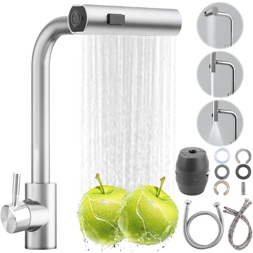 Robinet De Cuisine Extensible Avec Douchette Extractible,Mitigeur D'vier Extensible  Levier Unique Avec Douchette 3 Modes,1 Trou Pivotant  360 ,Cascade Haute Pression,Acier Inoxydable