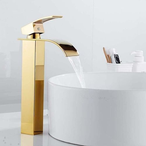 Robinet Lavabo Cascade, Mitigeur D'evier Buse Plate,Robinet Salle De Bain Eau Froide Chaude Disponible, Style Moderne Chrome (Haut, Dore)750g Goodnice