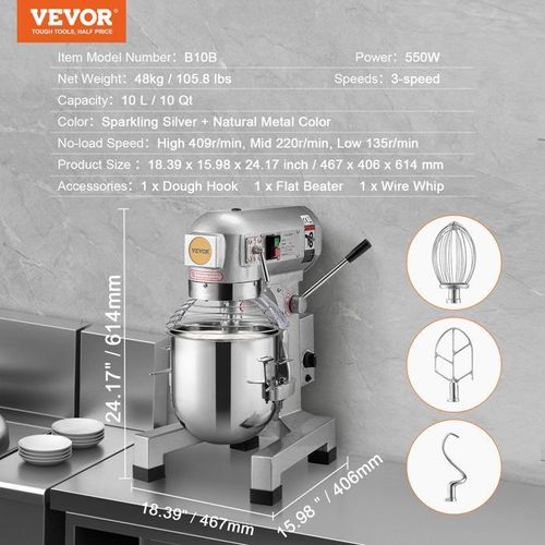 Robot Ptissier Commercial 10 L-VEVOR-550 W-avec Bol en Inox et 3 Accessoires de Mlange-pour Restaurant, Boulangerie, Ptisserie