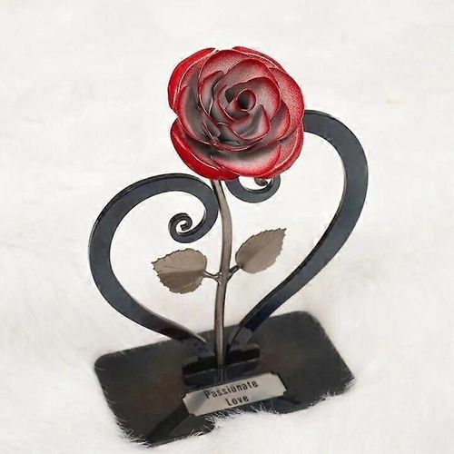 Rose En Mtal Avec Support, Rose En Mtal Rouge En Fer Forg  La Main Avec Support En Forme De C?ur, Sculpture De Fleur De Rose En Mtal, Cadeau Romantique Pour Anniversaire, Mariage, V