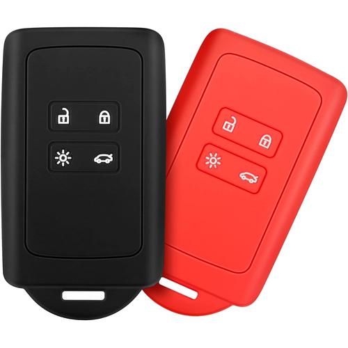 Rouge 2pcs Accessoire Cl De Voiture Compatible Avec Renault Smart Key 4-Bouton, Coque En Silicone Souple Avec Embout Porte-Cl - Pour Clio/Espace 5 / Master Bus/Talisman/Megane Usw (Noir+Rouge)