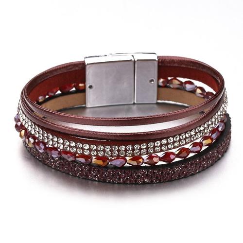 Rouge - Bracelet En Cuir Fin Pour Femme, Bijoux En Perles Acryliques, Cristal, Multicouches, Large, Tendance