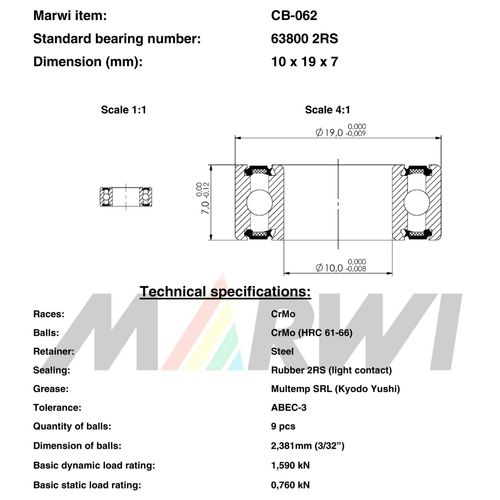 Roulement 63800 2rs 10x19x7 Cb062 Cb-062