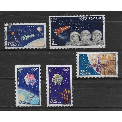 Roumanie 1964 : Espace : Navigation Spatiale : Voskhod 1 / Equipages De Voshkod 1 / Syncom 3 / Ranger 7 - Srie De 5 Timbres Oblitrs