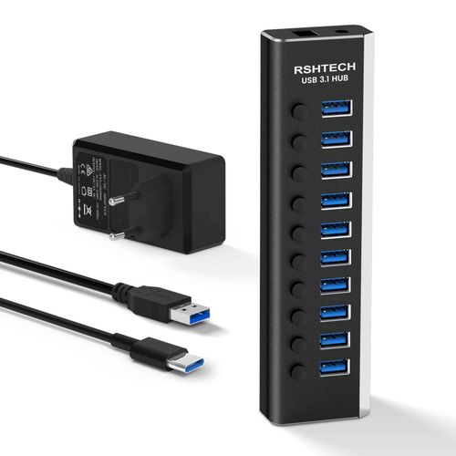 RSHTECH Hub USB 3.0  10 Ports Aluminium,Hub USB 3.1 Aliment Transfert 10Gbps,Equip d'un Adaptateur Secteur 12V/3A,Interrupteur Indpendant et Cble de donnes * 2 (Ty - Type with EU Plug Adapter