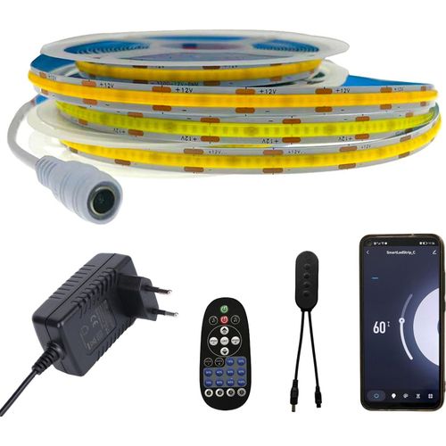 Ruban Cob Led 2m Blanc Froid 6000k,Bande De Contrle Wifi,Dimmable Led Strip Avec Alimentation 12v & Tlcommande Ir,Auto-Adhsif,Compatible Avec App Tuya
