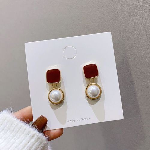 S925 Argent Aiguille Gomtrique Carr Perle Boucles D'oreilles Femmes Polyvalent Temprament Lumiere Luxe Rouge Boucles D'oreilles Coren Internet Clbrit Oreille Bijoux-E3074 Or