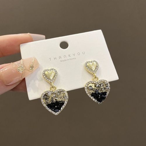 S925 Argent Aiguille Noir Strass Amour Boucles D'oreilles Femme Niche Conception Haut De Gamme Sensationnel Lady Boucles D'oreilles Version Corenne Nouvelles Boucles D'oreilles-Sw-E5667 Or