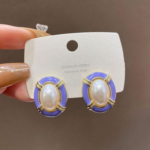 S925 Argent Aiguille Pervenche Bleu Boucles D'oreilles Femmes Rtro Polyvalent Ovale Perle Boucles D'oreilles Style Coren Net Rouge Oreille Bijoux-Sw-E4895 Violet