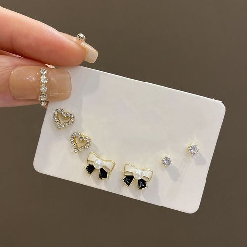S925 Argent Aiguille Zircon Perle Ensemble Srie Boucles D'oreilles Femmes Haut De Gamme Sentiment Niche Simple Une Semaine Boucle D'oreille Boucles D'oreilles-E5483 Or # Ensemble D'arc Noir
