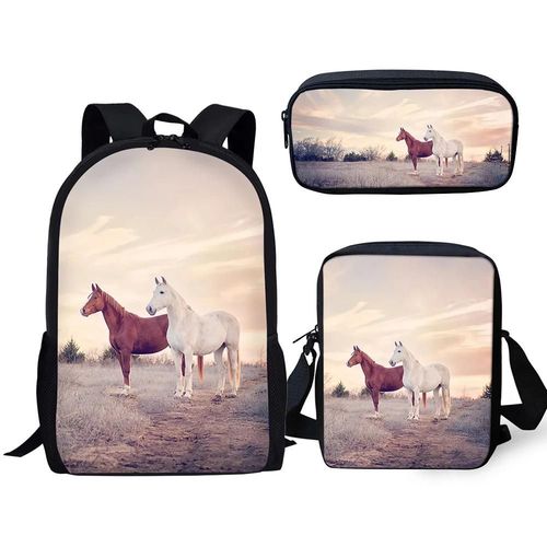 Sac  Dos Classique Cratif Avec Motif Cheval Imprime En 3d, Lot De 3 Sacs D'ecole, Sac  Dos Pour Ordinateur Portable, Sac  Bandoulire Inclin, Trousse  Crayons