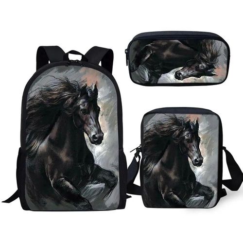 Sac  Dos Classique Et Cratif Avec Imprime 3d De Cheval Frison, Lot De 3 Sacs D'ecole, Sac  Dos Pour Ordinateur Portable, Sac  Bandoulire Inclin, Trousse  Crayons