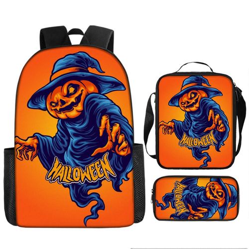 Sac  Dos Halloween Citrouille Fantme Trois Pices Sac D'cole Sac  Dos Pour Enfants Sac  Bandoulire Shb10915