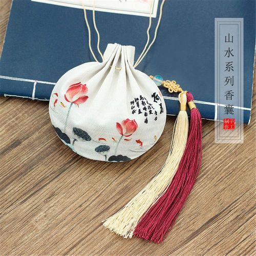 Sac  Main Avec Pompon En Bois D'absinthe, Style Chinois Ancien, Peinture De Paysage Sur Soie, Porte Monnaie Avec Bote, Cadeau
