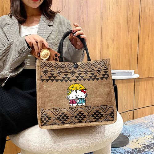 Sac  Main De Grande Capacit Pour Femmes, Sac De Shopping  Bandoulire, Sac De Plage D't, Fourre-Tout En Coton Et Lin, Anime Hello Kitty Shb18947